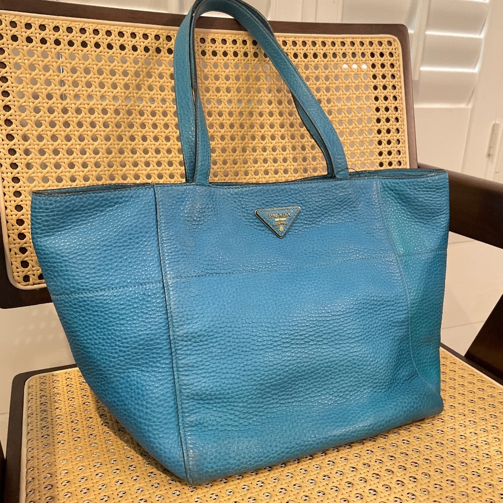 Prada Blue Grained Leather Tote symbole logo